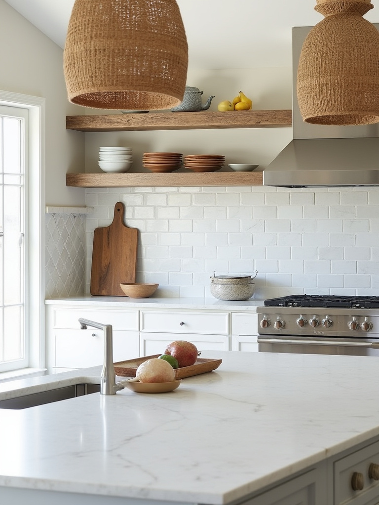 Farmhouse kitchen with mixed textures including quartz countertops, reclaimed wood shelves, and rattan lighting.