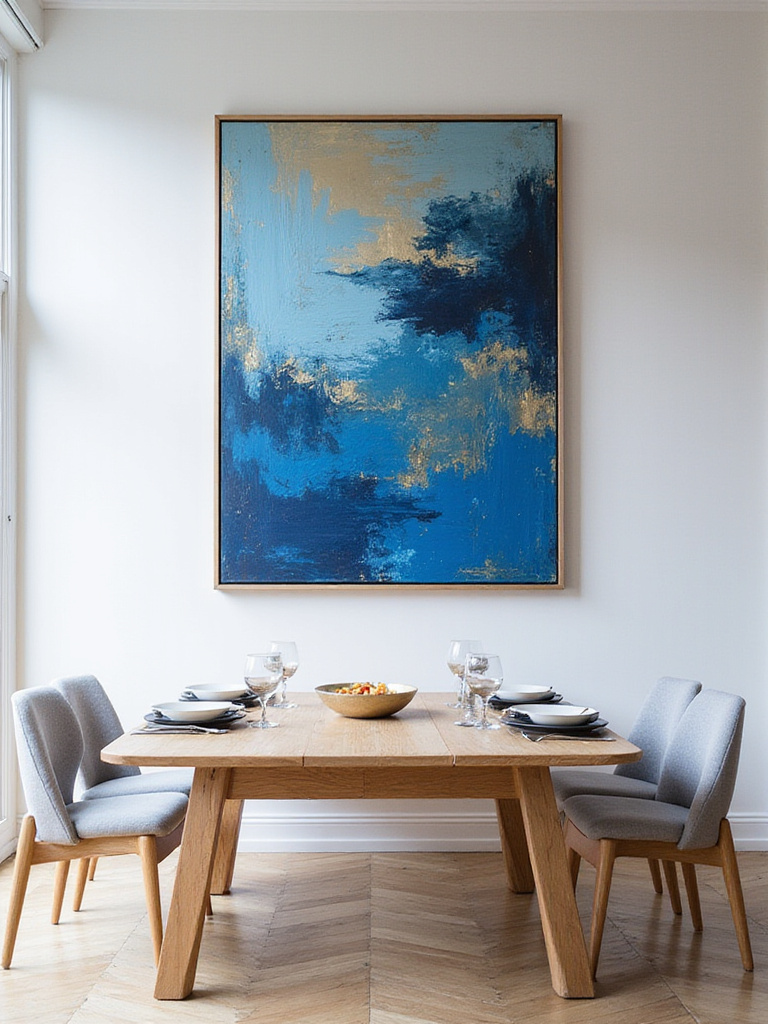 Modern dining room featuring a large abstract painting on a white wall.