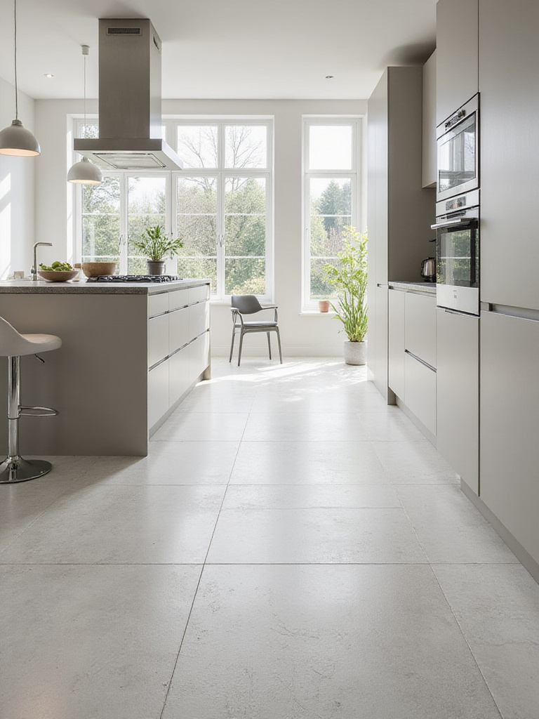 Minimalist kitchen with durable low-maintenance flooring showcasing large-format porcelain tiles.