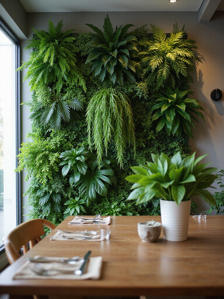 A vibrant living plant wall display in a dining room with various indoor plants.