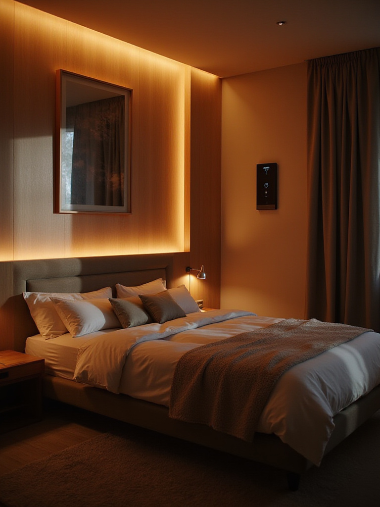 Modern bedroom with biometric light control, showcasing warm dim lighting.