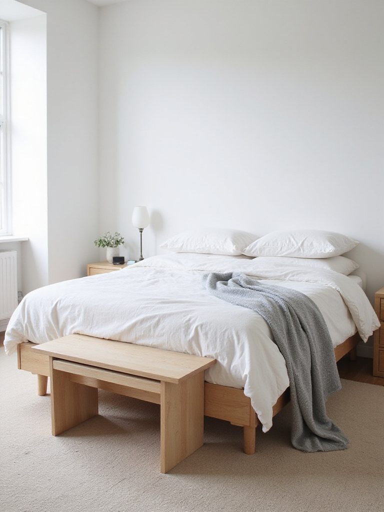 A simple end-of-bed bench in a minimalist bedroom setting