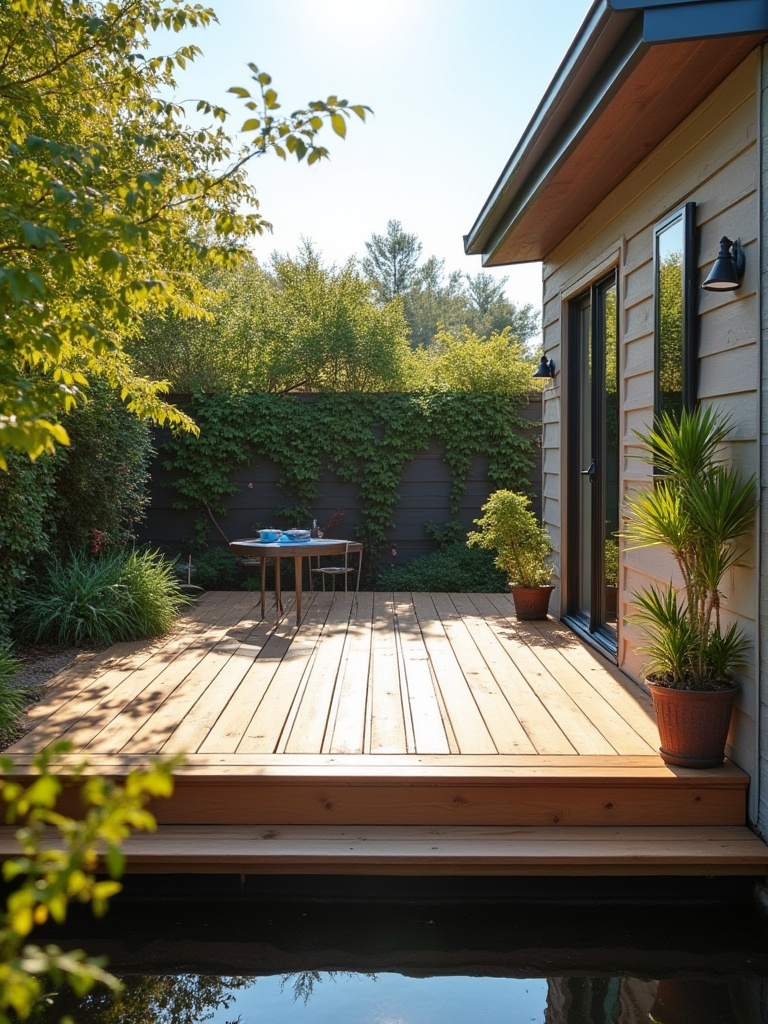 Compact floating deck in a serene backyard setting