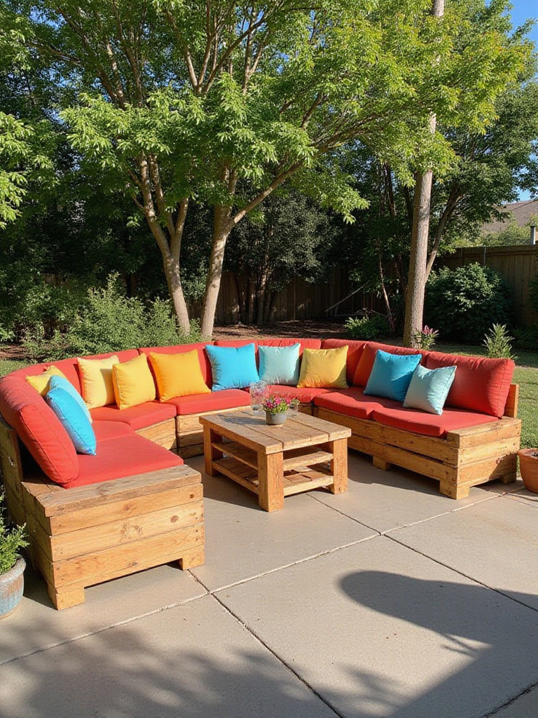 Outdoor lounge area with custom furniture made from repurposed wooden pallets