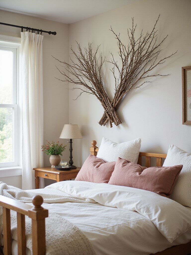 DIY branch and twig decor in a rustic bedroom setting