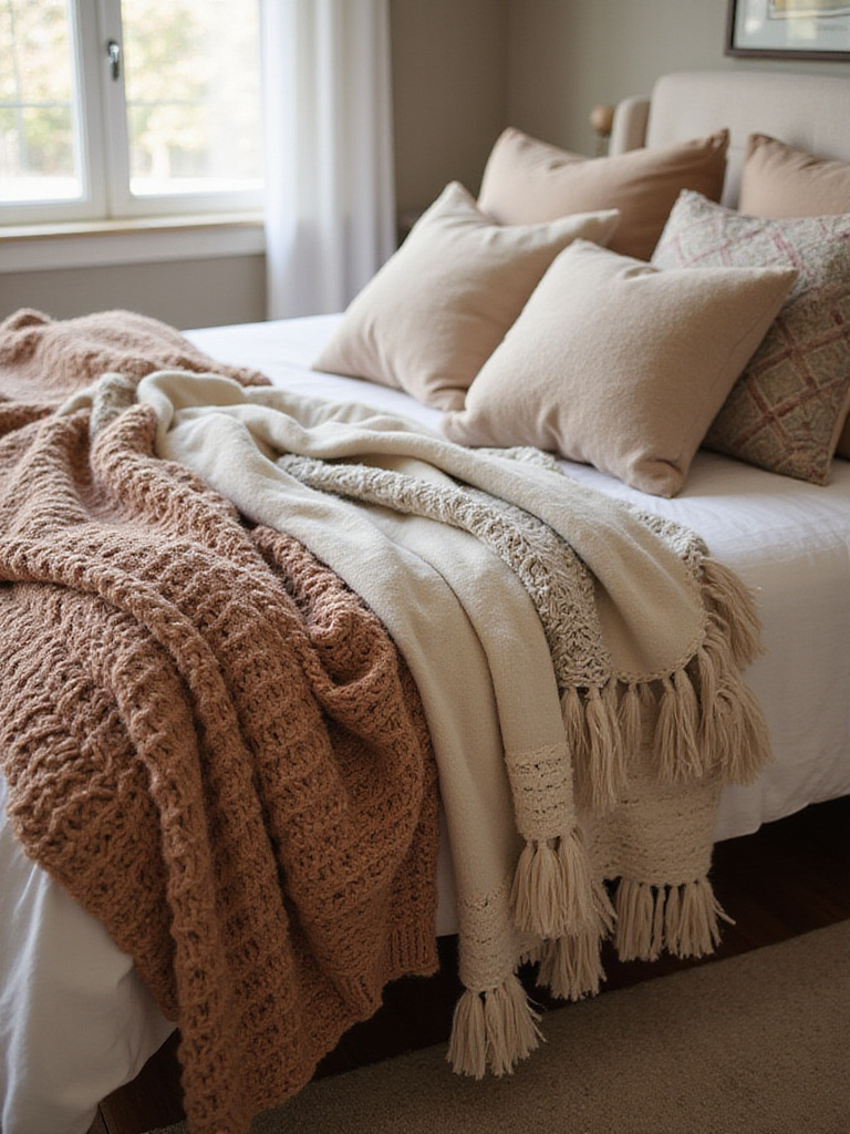 Boho bedroom with layered plush throw blankets creating a cozy atmosphere