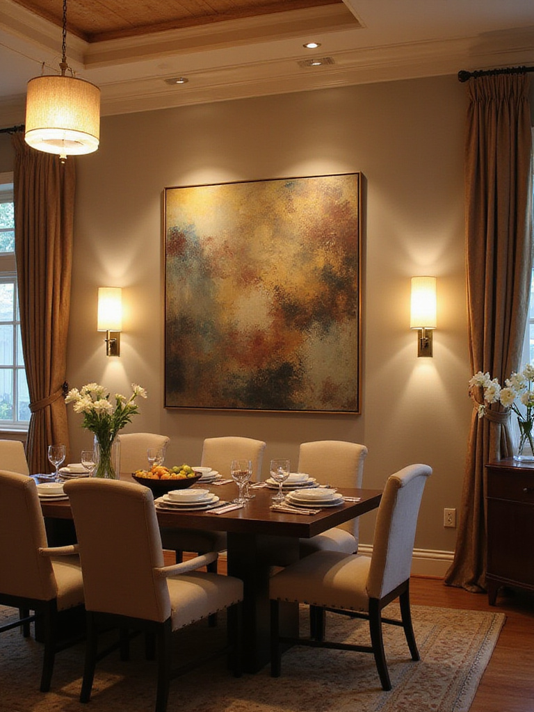 Elegant dining room with integrated sconces illuminating abstract artwork