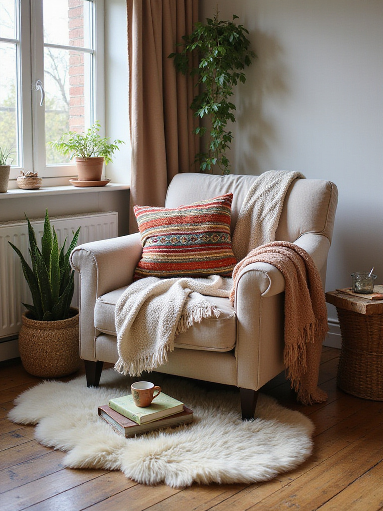 A cozy boho reading nook with colorful pillows, layered textiles, and natural light.