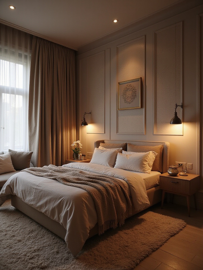 A romantic bedroom with soundproofing solutions like heavy drapes and plush rugs, designed for intimacy.
