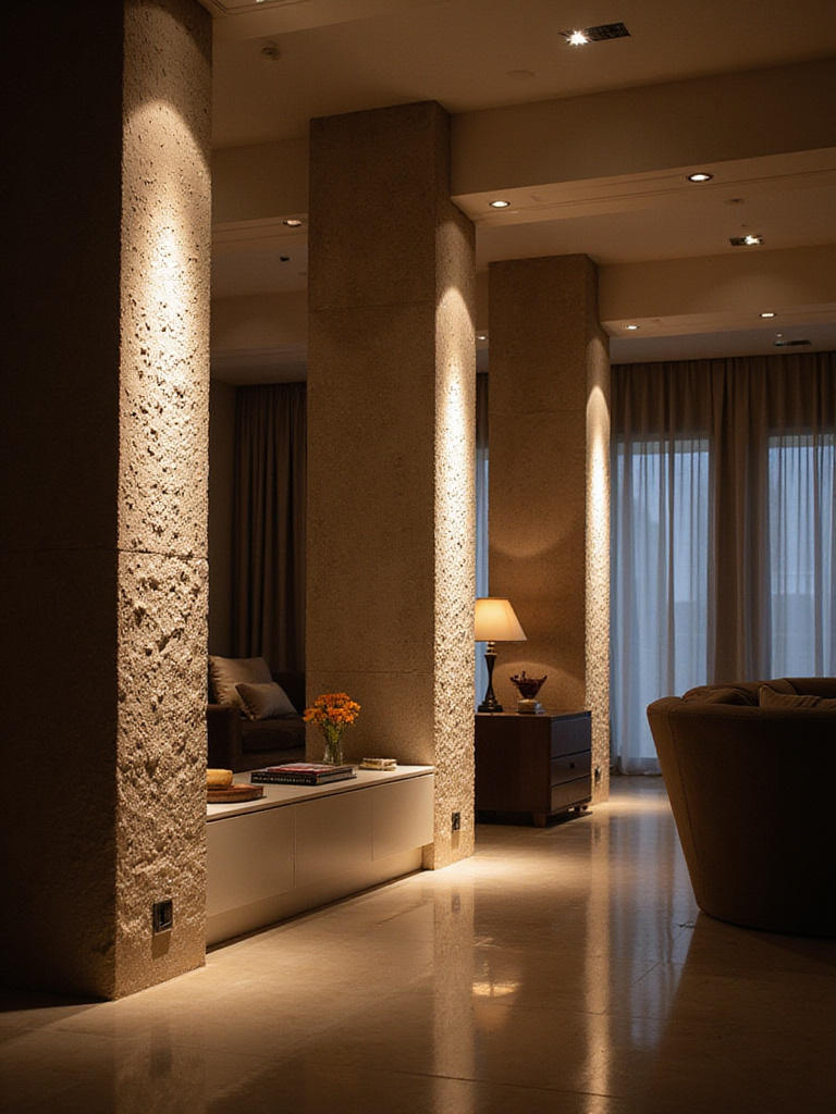 Living room with uplighting techniques highlighting architectural features