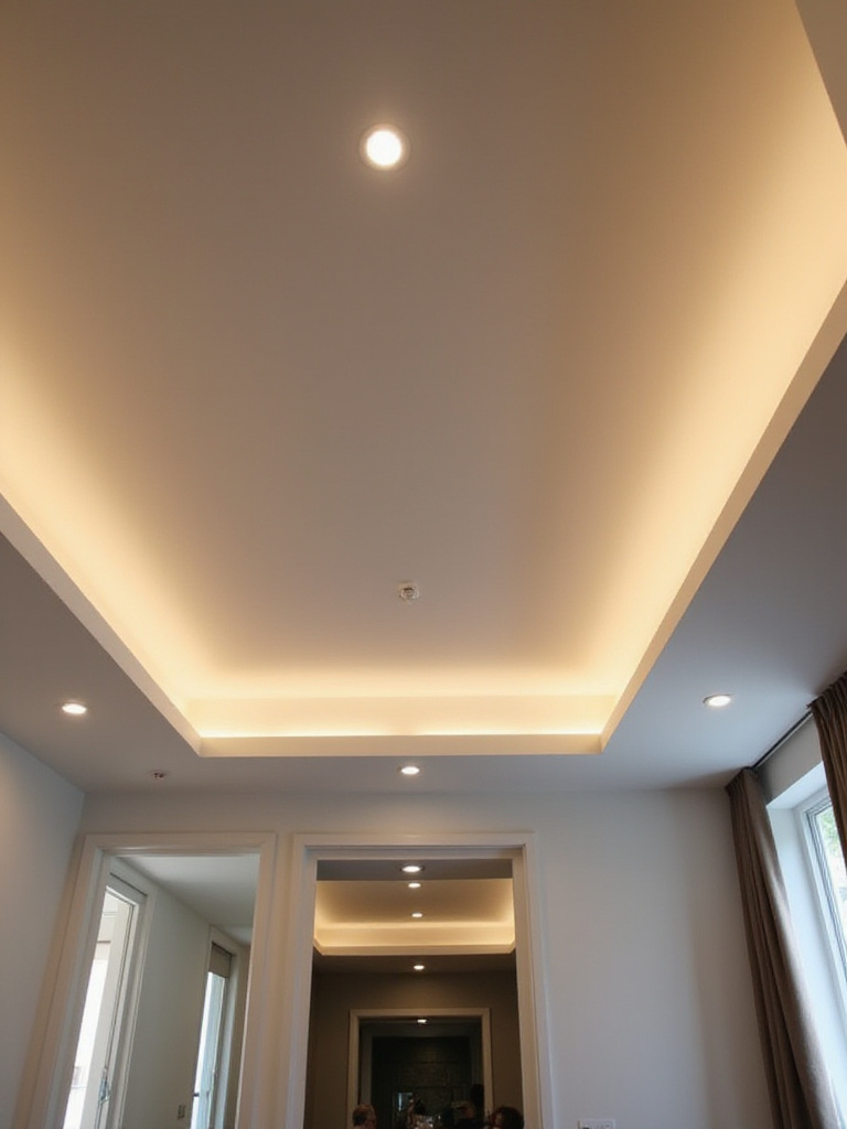 Modern bedroom with recessed lighting creating a seamless ceiling wash effect