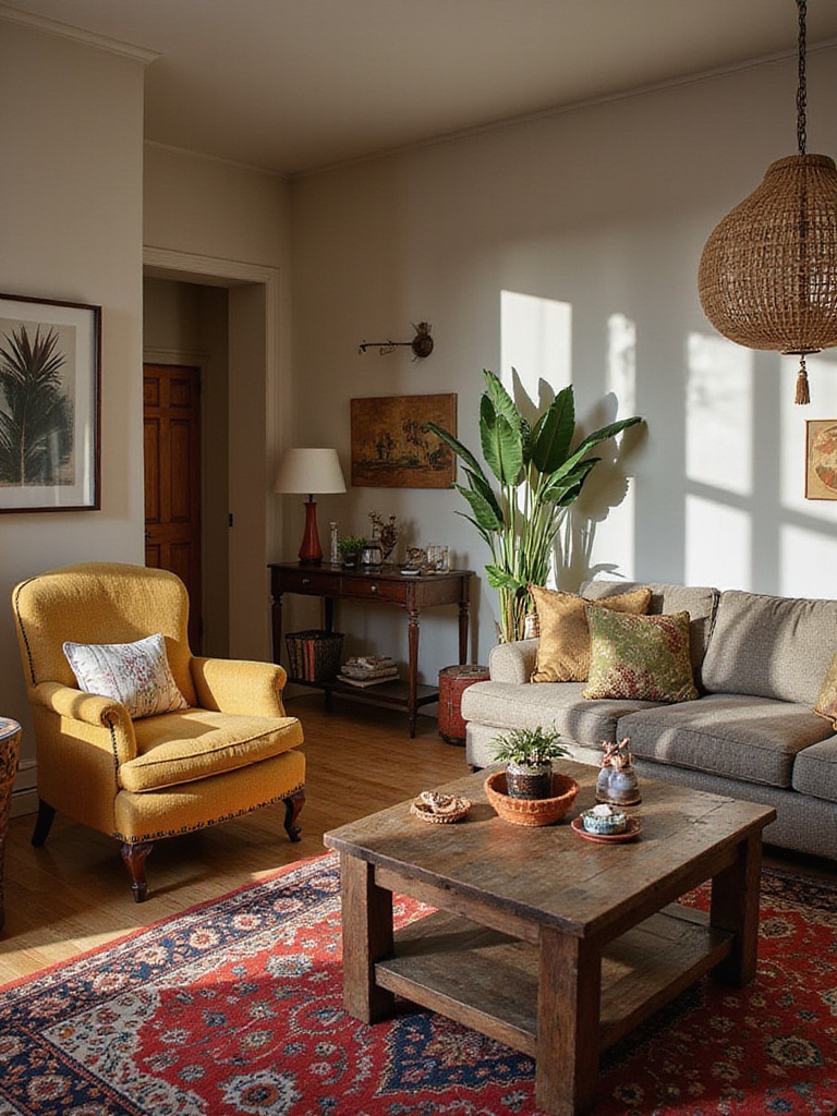 Cozy bohemian living room featuring unique vintage and thrifted treasures