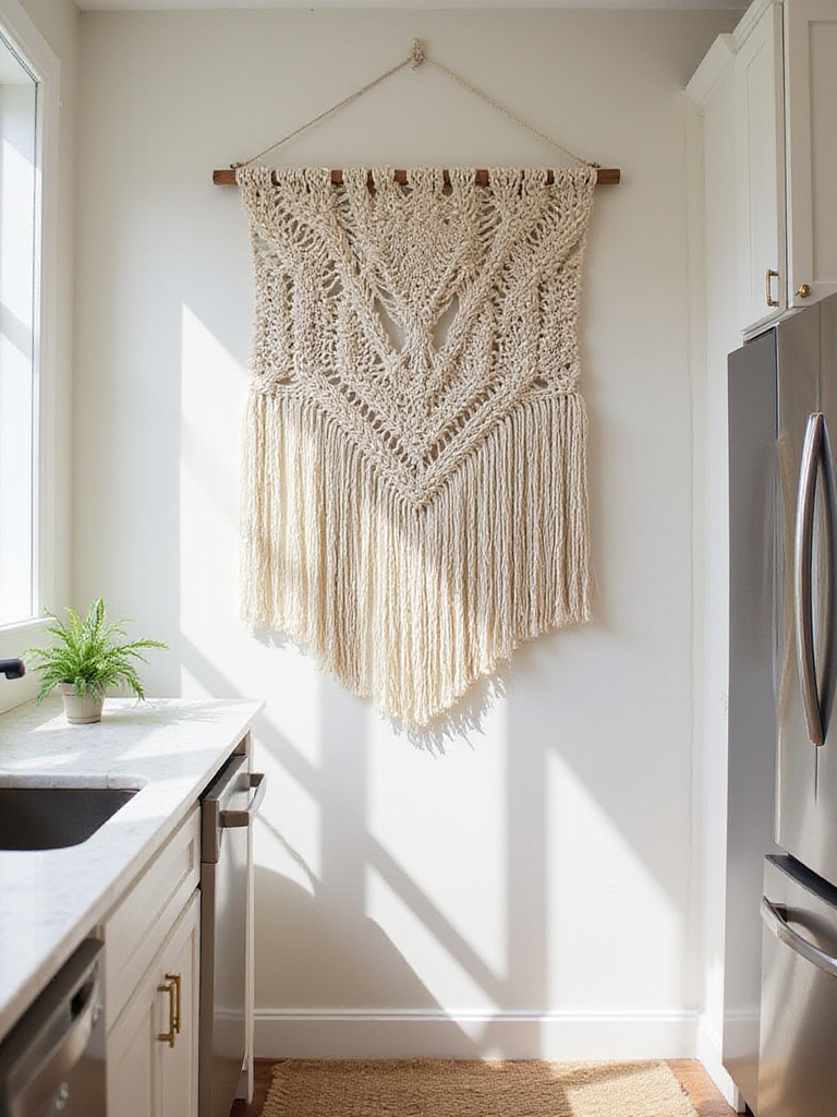 A large macrame wall hanging in a modern kitchen with white cabinetry and natural light.