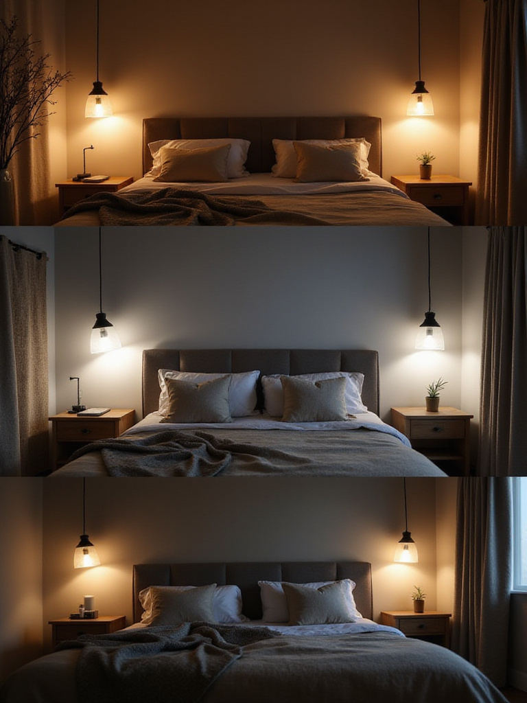 Modern bedroom showcasing personalized lighting scenes for various activities.