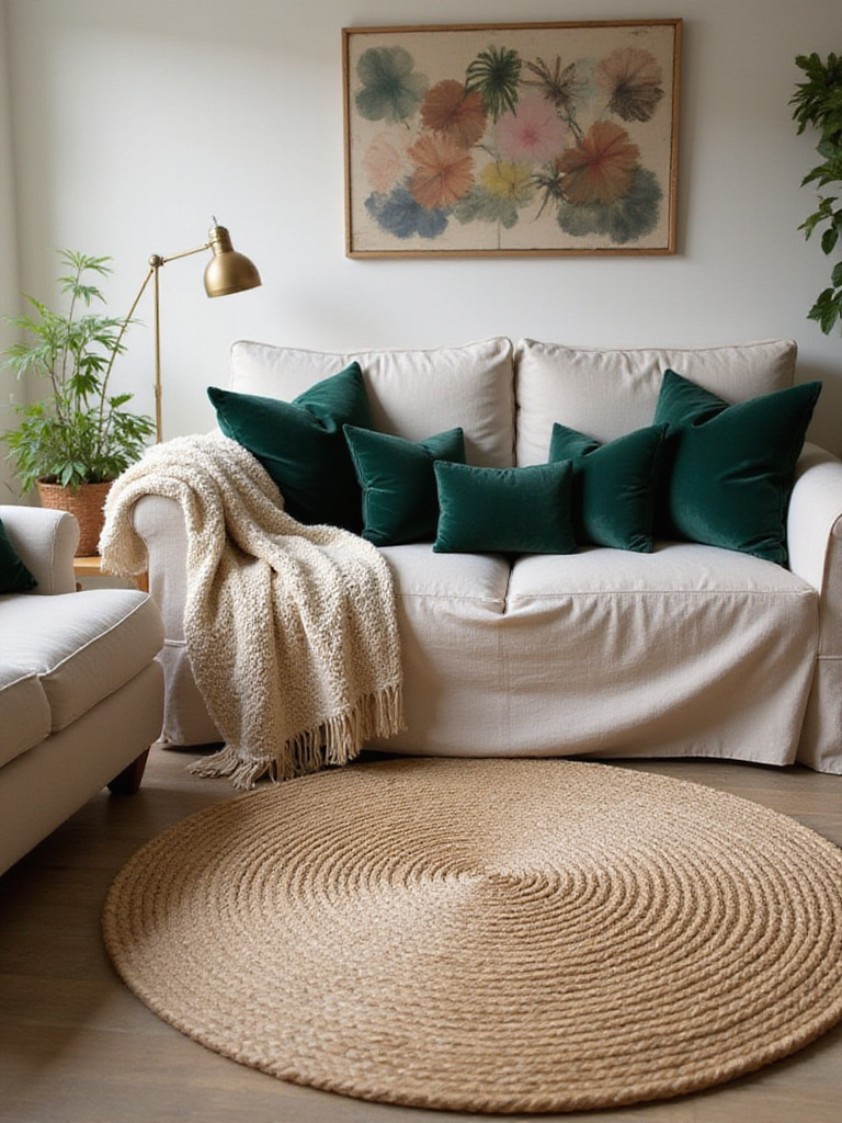 A cozy bohemian living room featuring a mix of textures including linen, velvet, and knit.