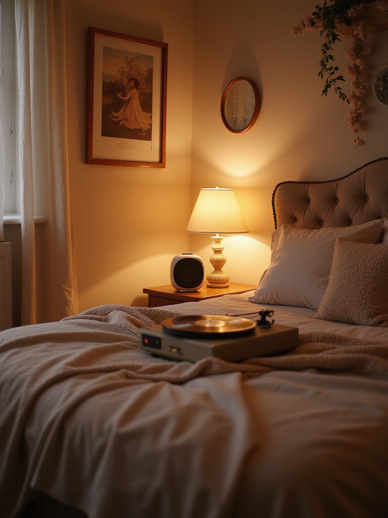 Cozy bedroom setting with romantic ambiance and playlist setup.