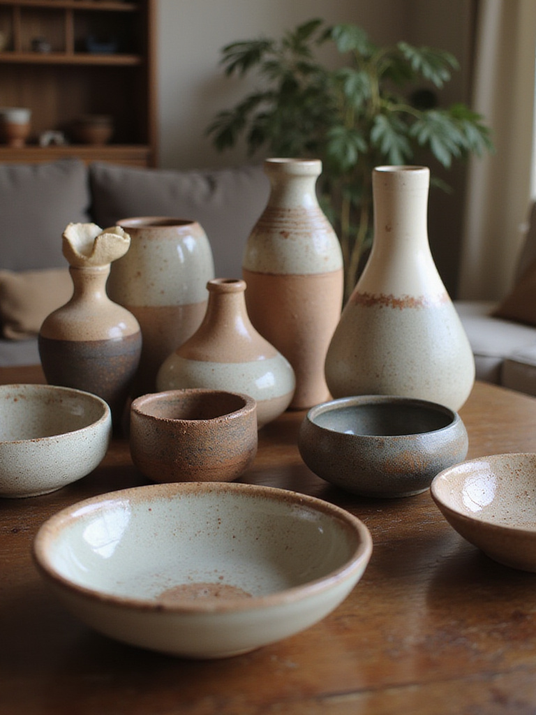 A cozy bohemian living room featuring a collection of handcrafted pottery and unique ceramics.