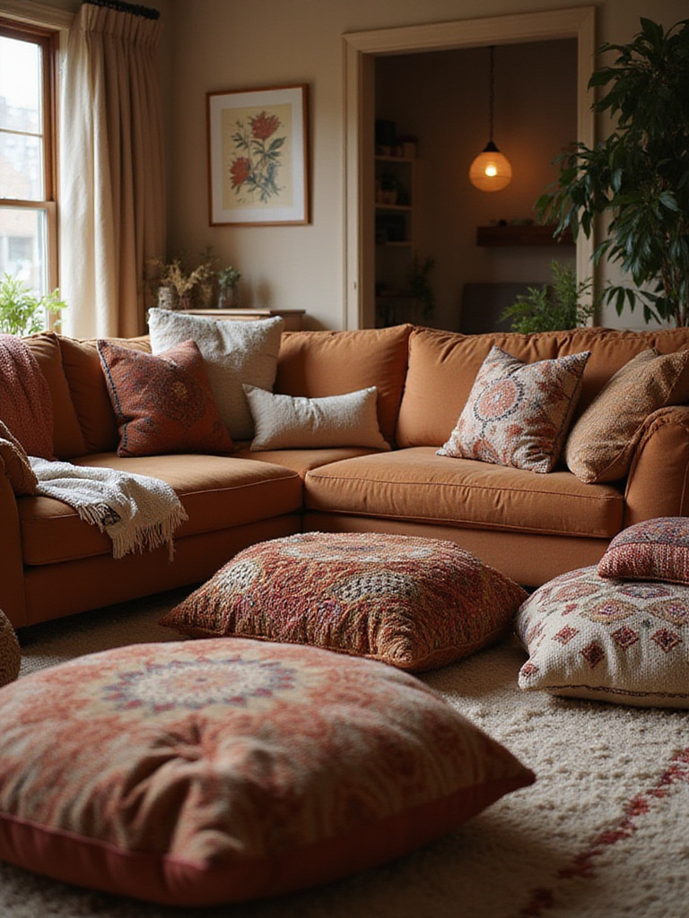 Bohemian living room with low-slung comfortable seating and floor cushions.