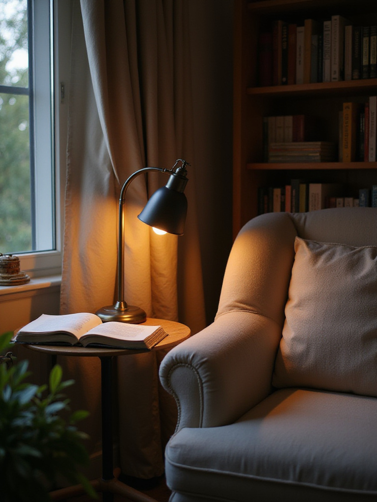 Cozy reading nook with a stylish table lamp illuminating a book on a side table next to an armchair.