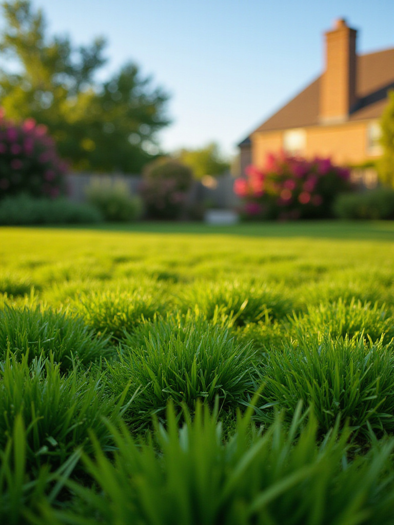 Lush green lawn in a front yard setting with vibrant grass and flowering shrubs.