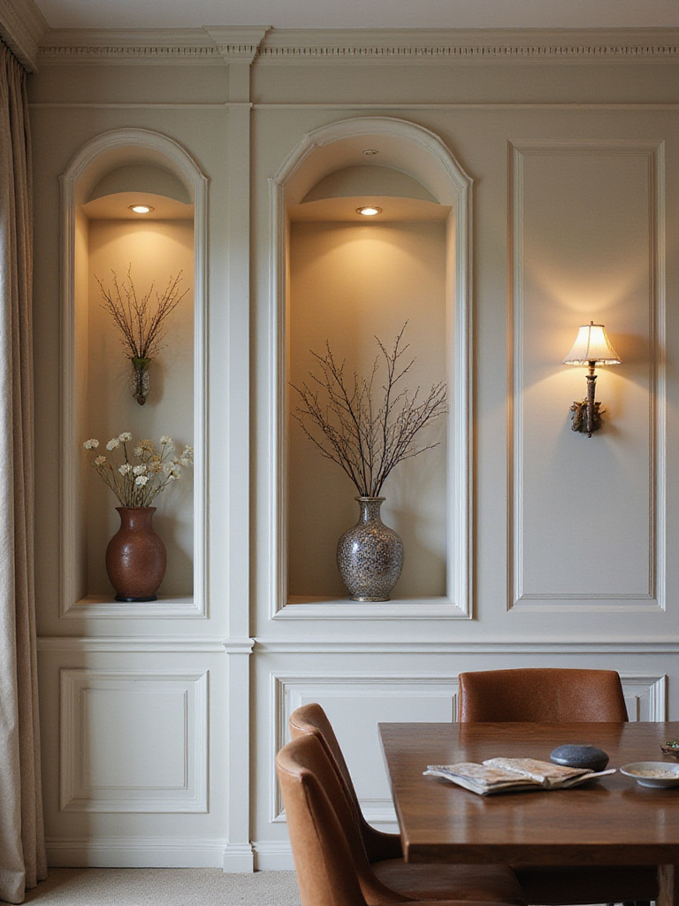 Elegant dining room with recessed architectural niches displaying decor