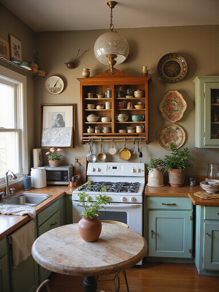 Eclectic kitchen filled with unique vintage and thrifted finds