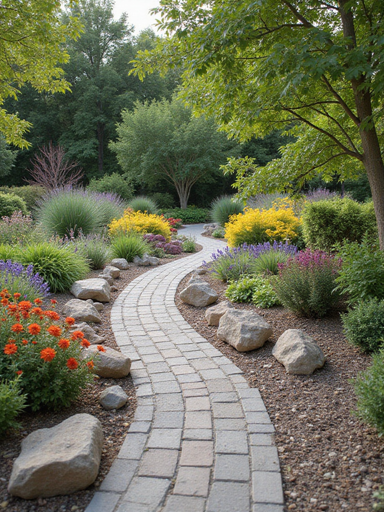 Xeriscaped landscape with drought-tolerant plants and permeable pathways