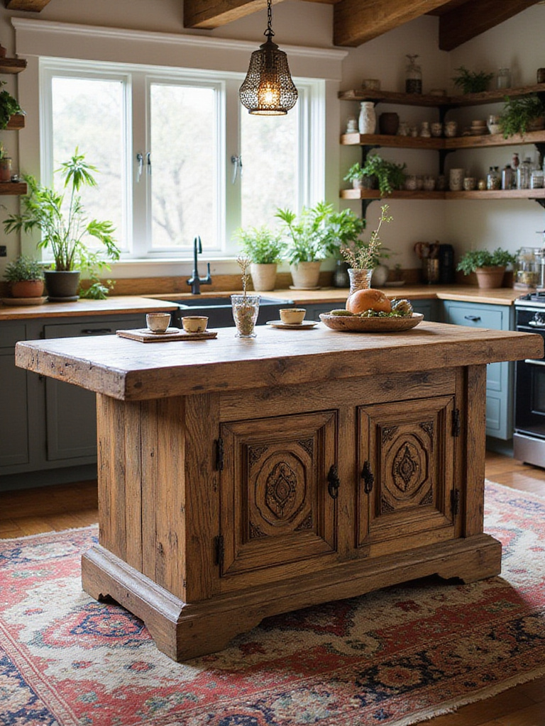 Bohemian-inspired kitchen island showcasing reclaimed wood and colorful tiles.