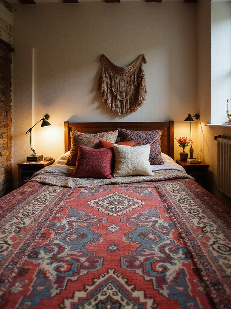 Bohemian bedroom showcasing global textiles and decor with warm lighting and a patterned rug.