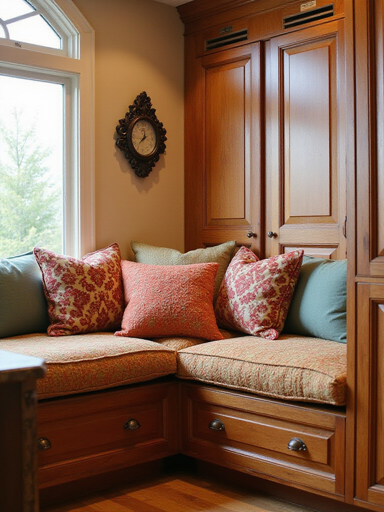Cozy kitchen corner with built-in seating nook and colorful floor cushions