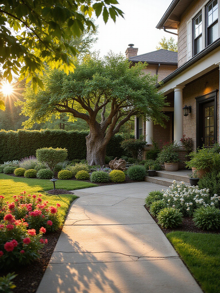 A landscaped front yard with a captivating focal point, showcasing vibrant plants and a unique feature.