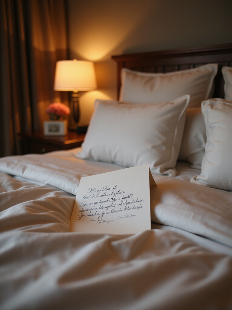 Romantic bedroom with a heartfelt love note on a pillow