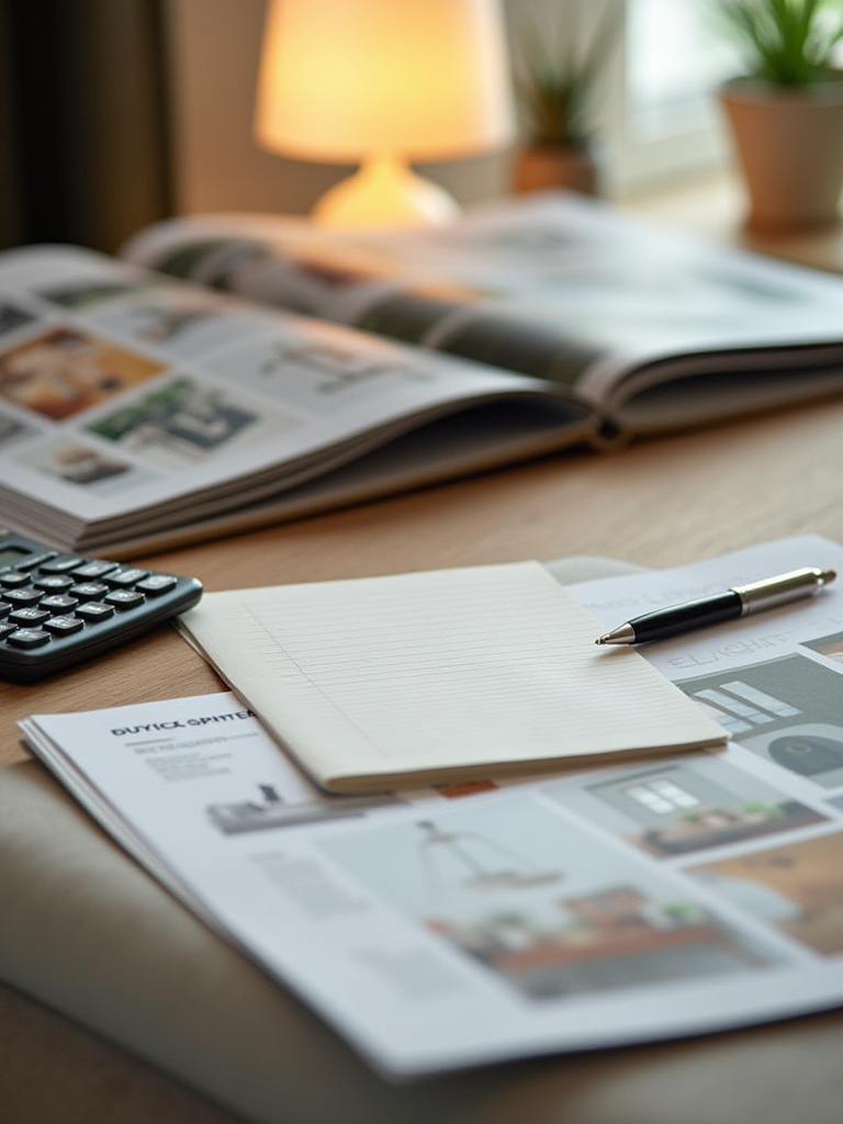 Living room lighting budget planning setup with notepad and catalogs