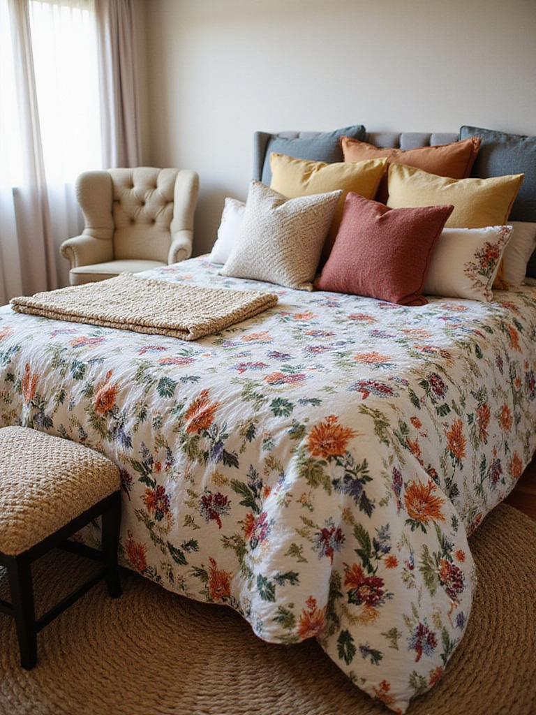 Bohemian bedroom with mixed textiles and prints showcasing a vibrant duvet, layered pillows, and a chunky knit throw.