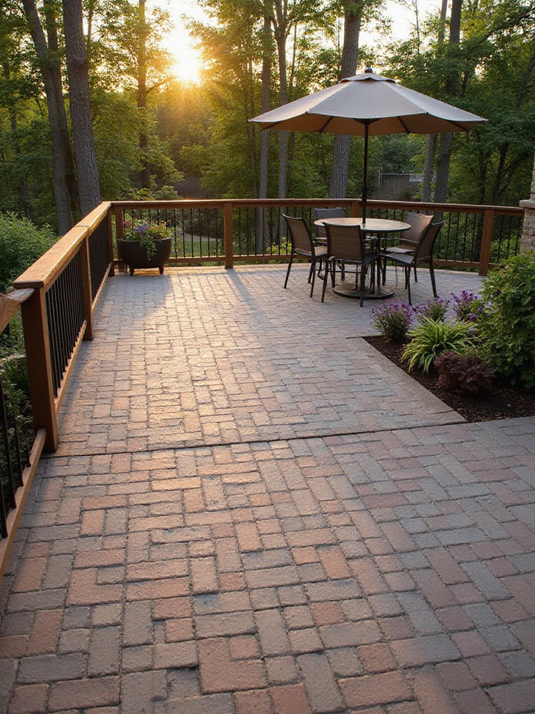 A beautifully designed deck featuring affordable pavers in a vibrant outdoor setting