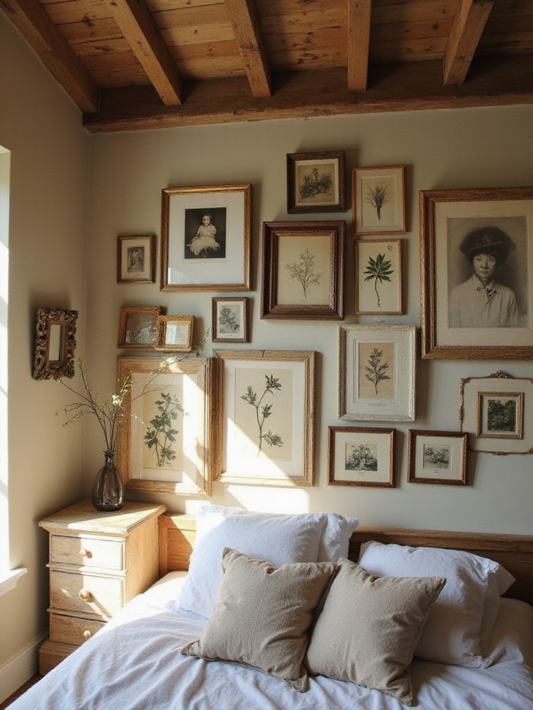 A rustic bedroom gallery wall featuring old family photos and botanical prints in various frames.
