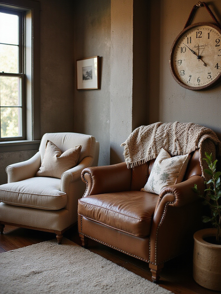 Cozy reading nook with leather and linen armchairs in a rustic bedroom