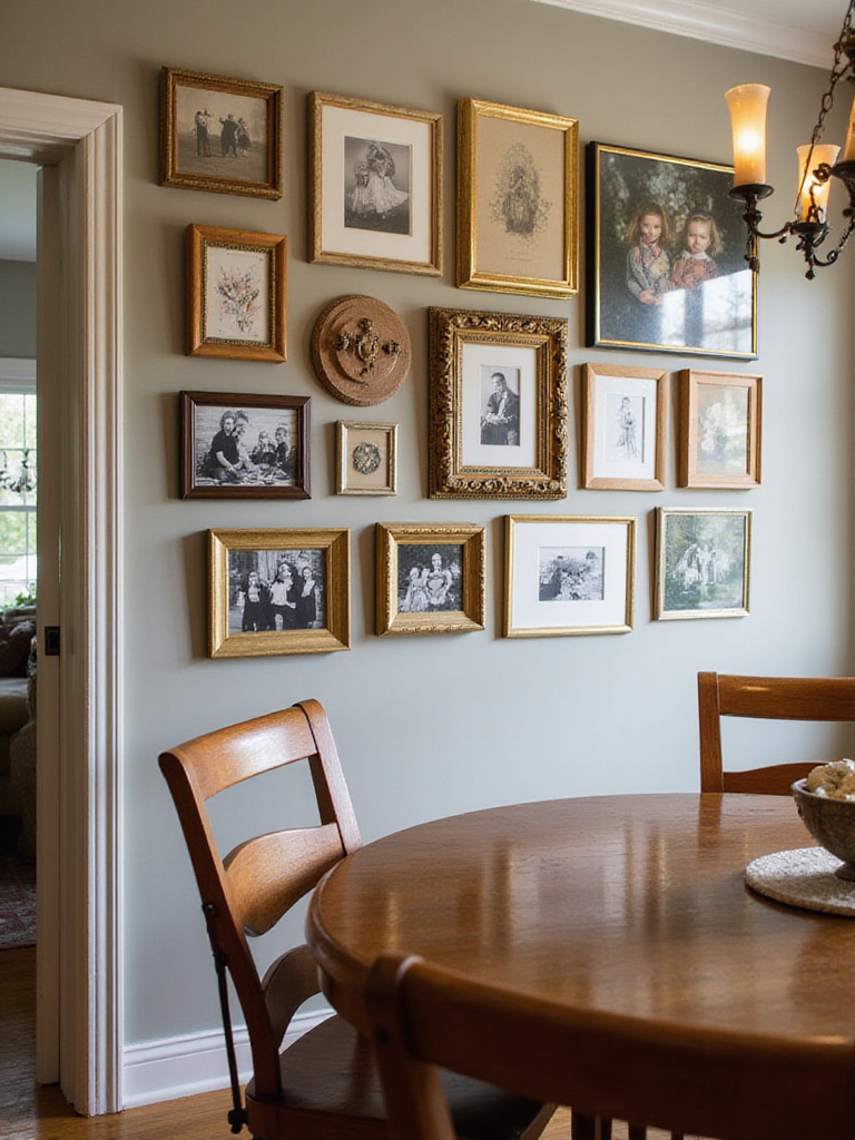 A personalized photo and art gallery display on a dining room wall, featuring a mix of frames and art styles.