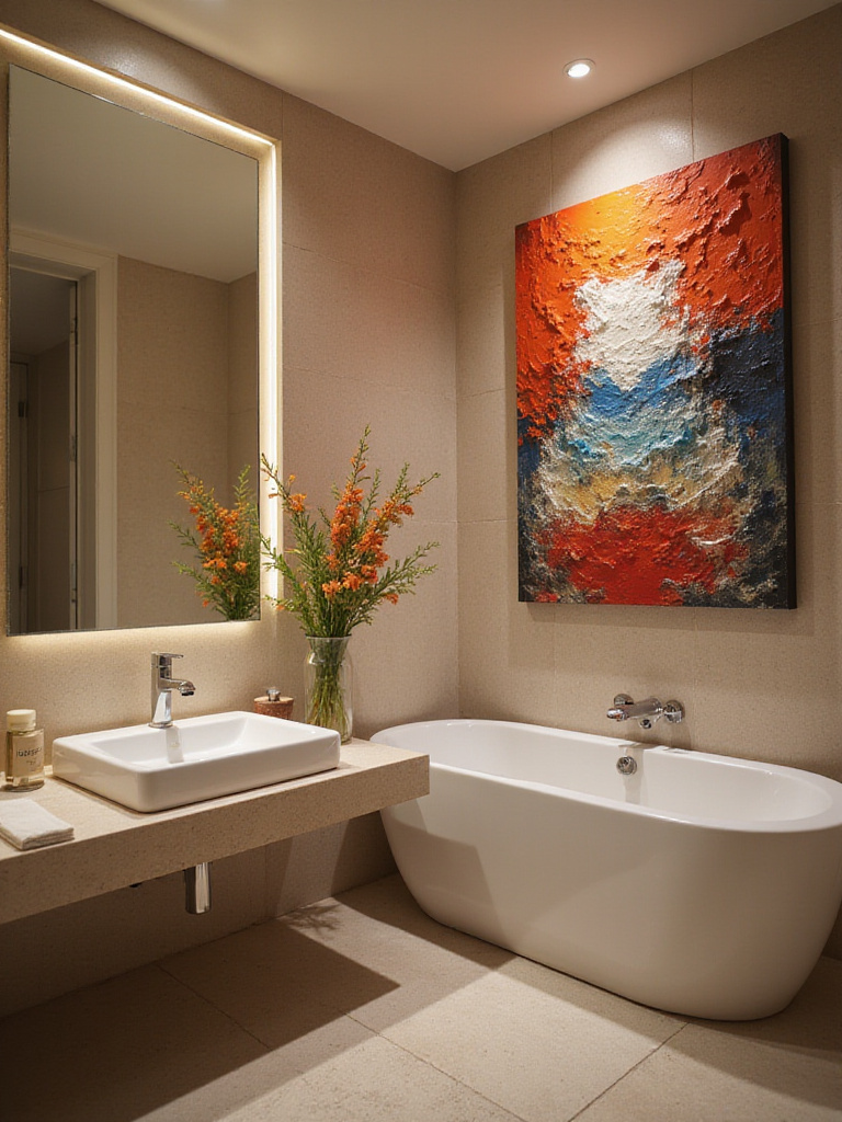 Stylish powder room with unexpected art and elegant decor