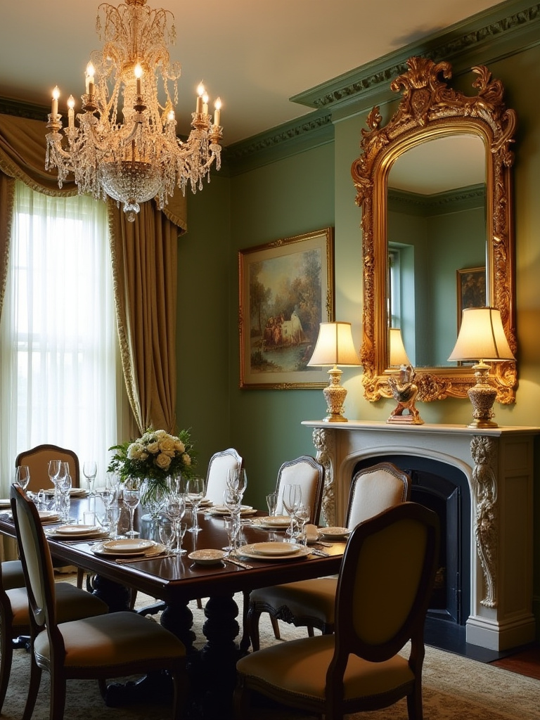 Elegant traditional dining room with wall art and mirrors reflecting light.