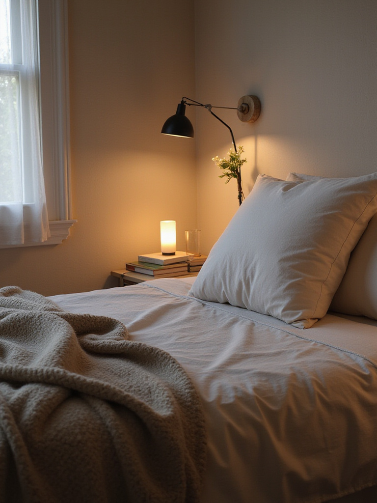 Serene and inviting digital-free bedroom scene with cozy decor and no electronic devices.