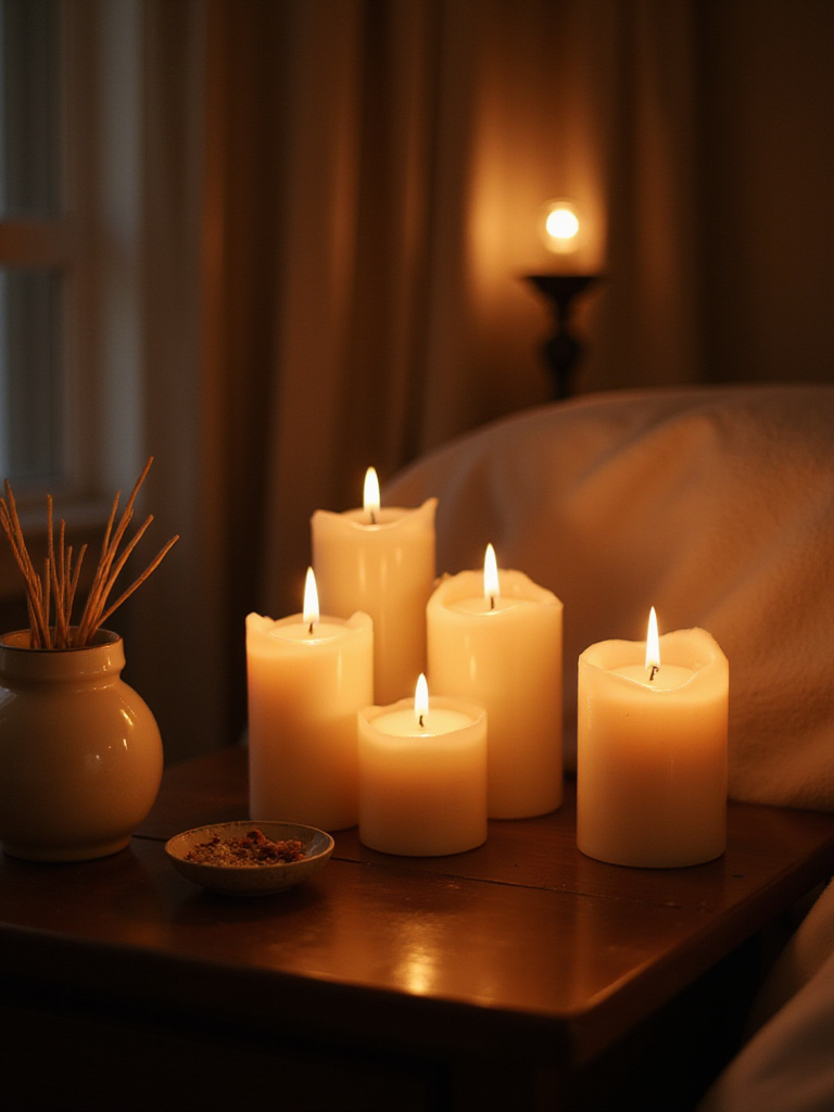 Cozy bedroom with soft lighting and scented candles on a nightstand