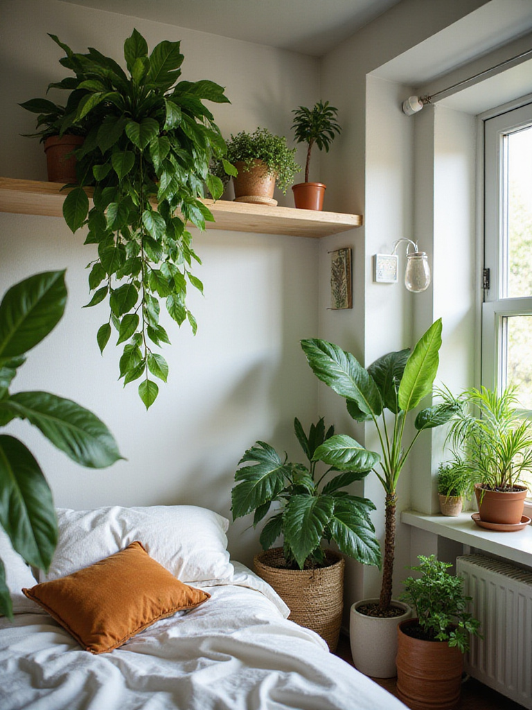 A boho bedroom filled with lush greenery from various indoor plants.