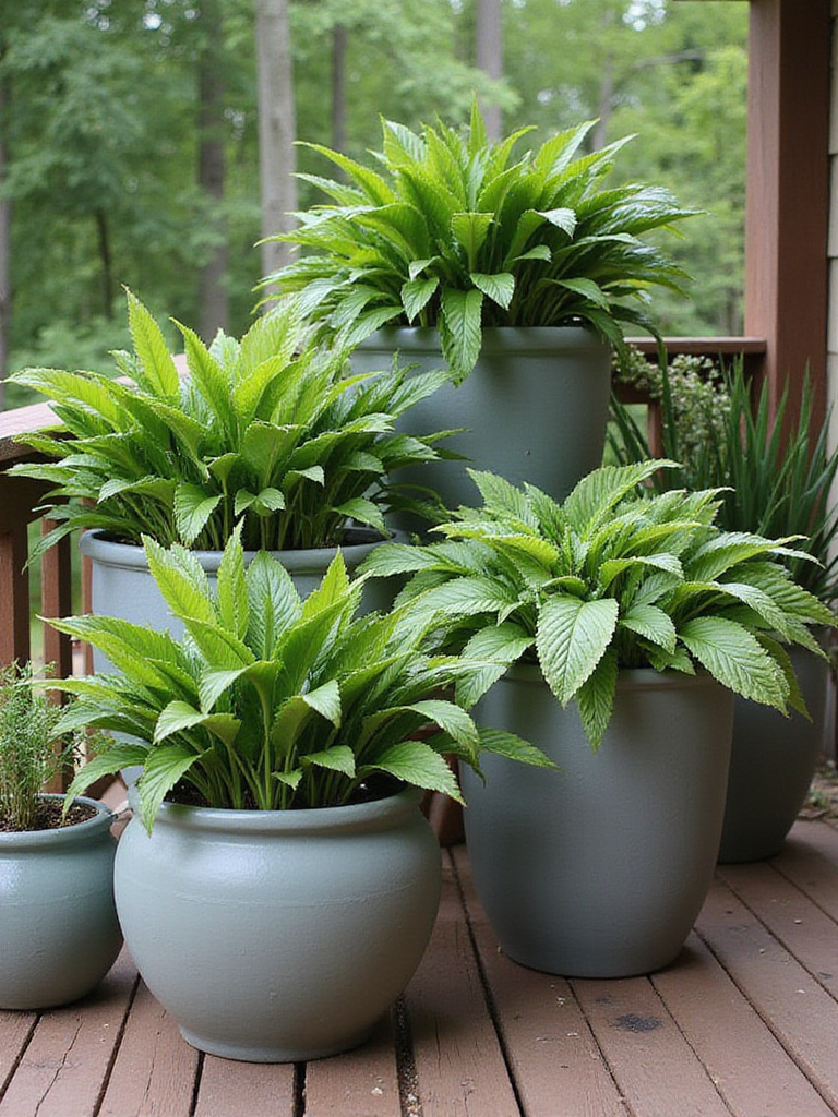 A vibrant outdoor deck decorated with large pots filled with lush greenery
