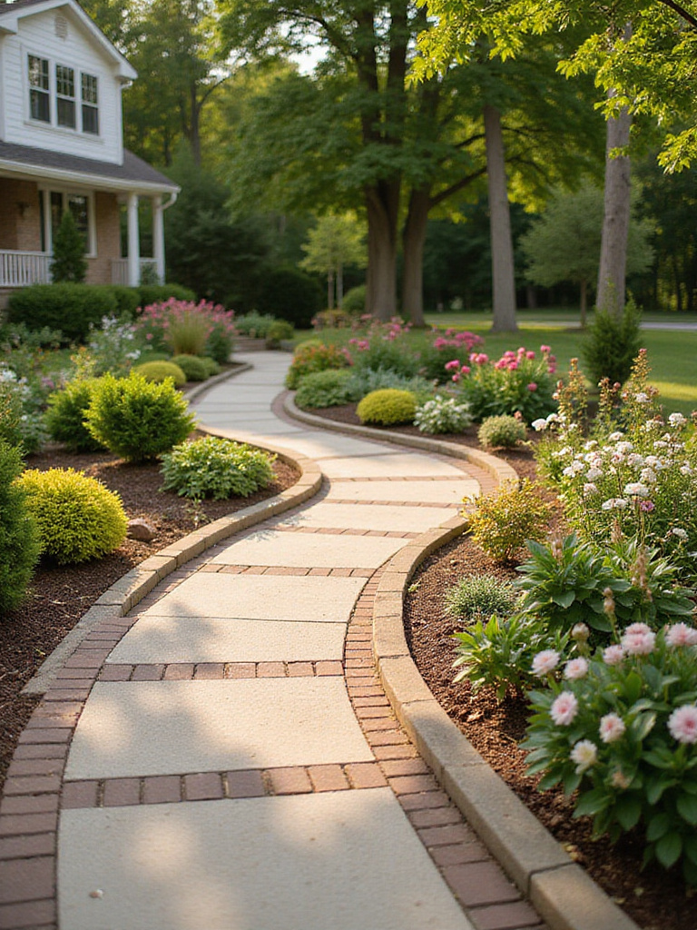 A professionally landscaped front yard with neatly edged garden beds and walkways.