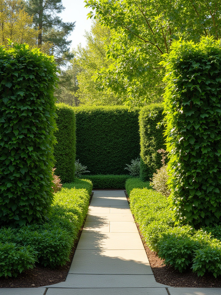 A landscaped front yard with strategically placed shrubs for privacy.