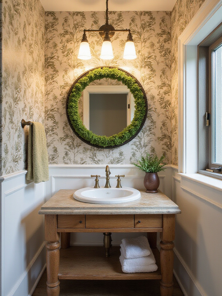 Beautiful powder room with vintage botanical garden theme, featuring reclaimed wood vanity and antique brass fixtures.
