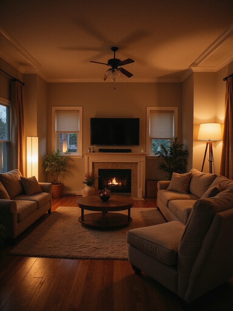 Cozy living room with designed lighting scenes for various occasions