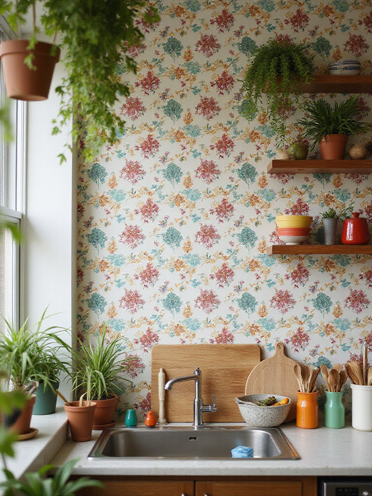 Kitchen wall with patterned peel-and-stick wallpaper showcasing bohemian decor