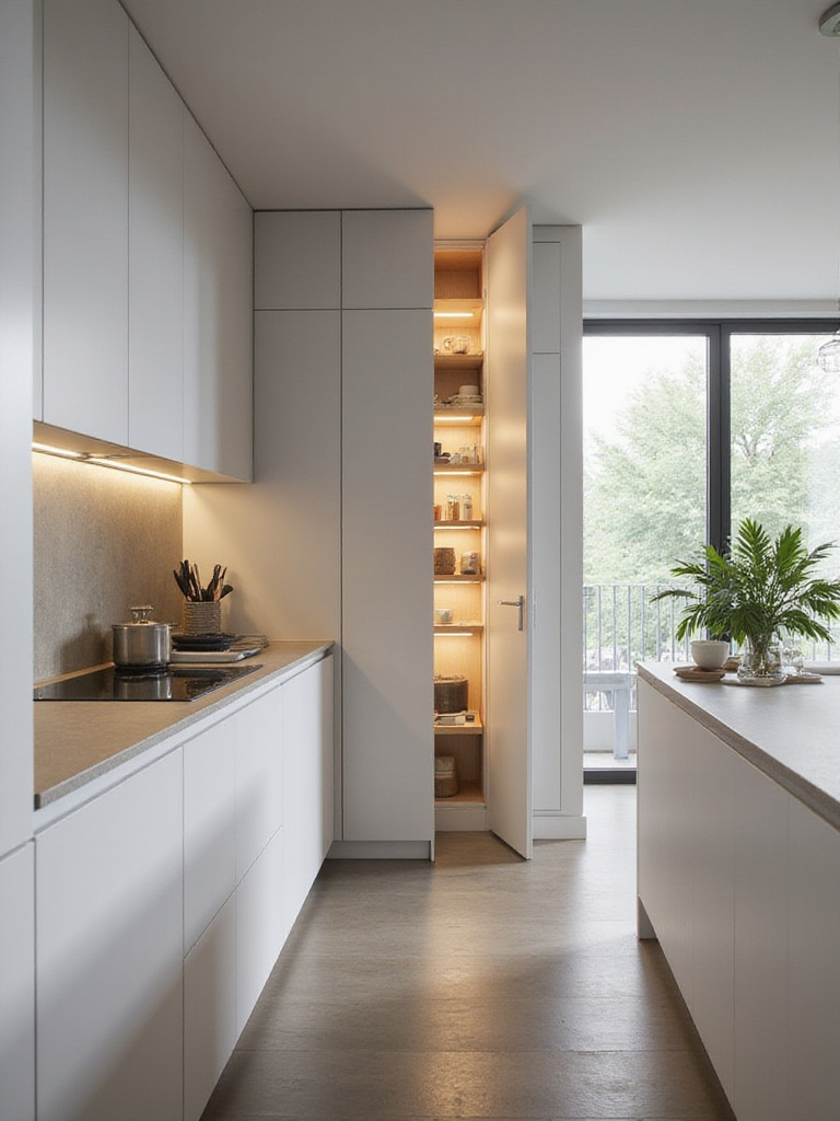 Minimalistic kitchen with seamless integrated storage solutions and hidden appliances
